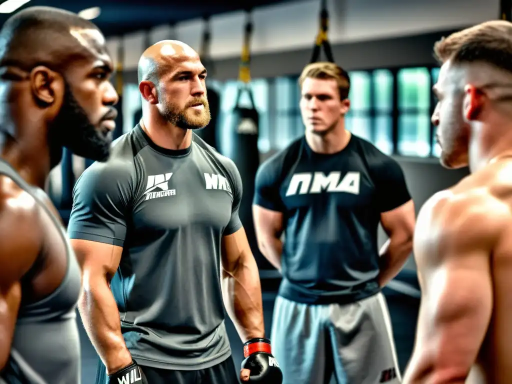 Entrenador profesional de MMA enseña técnicas a estudiantes dedicados en un gimnasio bien equipado