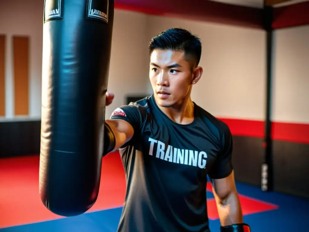 Un entrenador profesional de kickboxing con almohadillas de entrenamiento, transmitiendo intensidad y determinación en el ambiente de entrenamiento