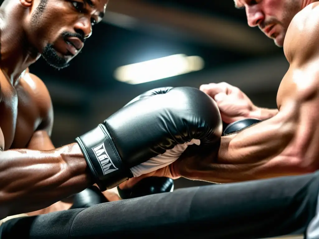 Un entrenador profesional envuelve cuidadosamente las manos de un boxeador con vendas negras de alta calidad en un gimnasio de boxeo