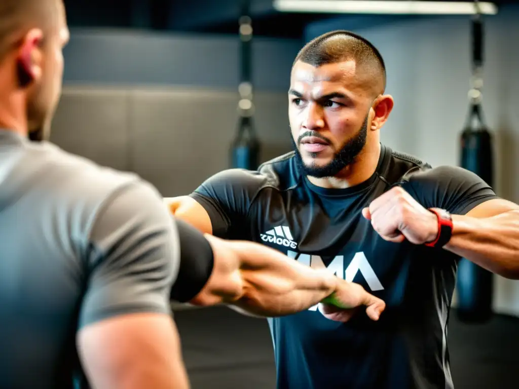 Entrenador de MMA demostrando técnicas de prevención de lesiones Entrenador de MMA demostrando técnicas de prevención de lesiones a atletas enfocados en un gimnasio bien equipado