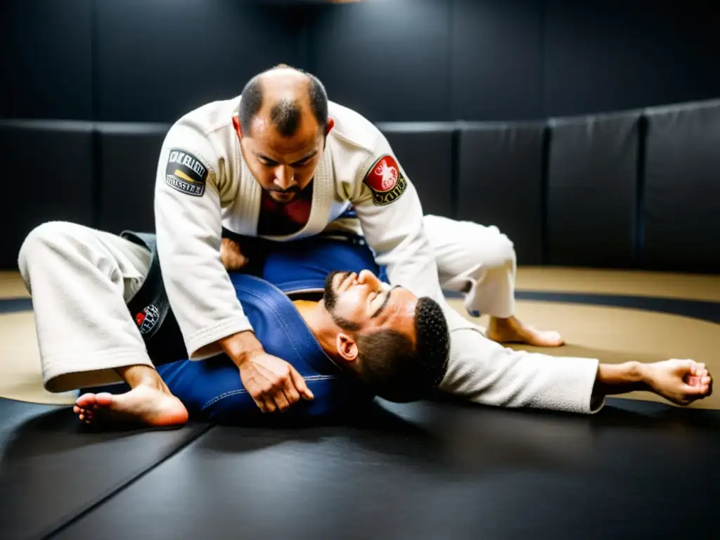 Entrenador demostrando técnicas de suelo en jiu jitsu brasileño en un tradicional dojo, con estudiantes atentos