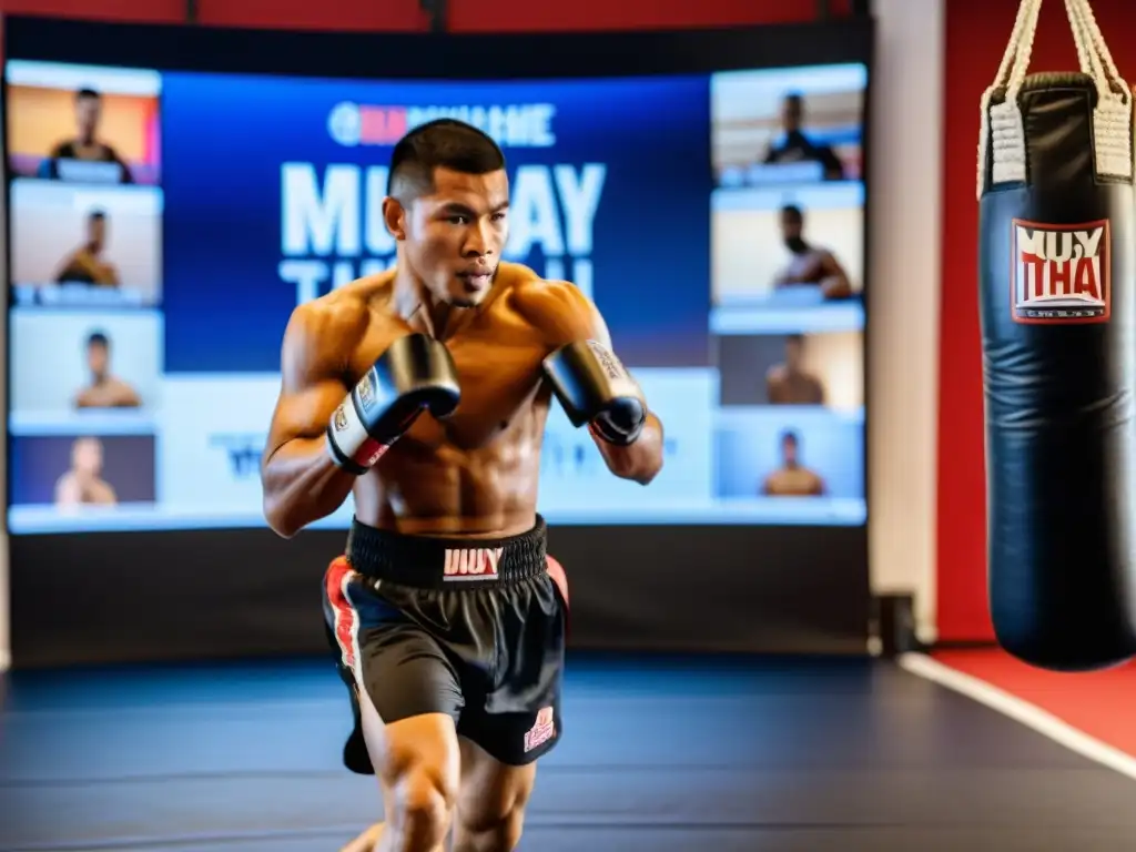 Un entrenador de Muay Thai lidera una sesión virtual con intensa determinación, mostrando una potente patada