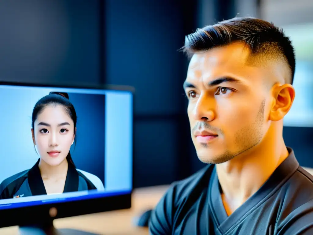 Entrenamiento virtual de artes marciales con coach personal Un entrenador virtual corrige técnicas de artes marciales con atención y determinación