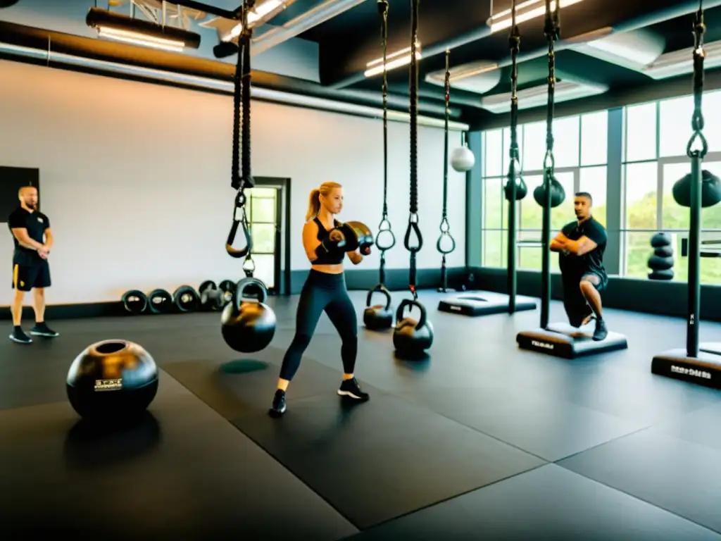 Entrenadores de artes marciales demostrando equipos de entrenamiento funcional en una clínica, con intensidad y profesionalismo