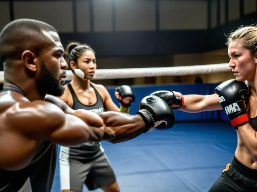 Entrenadores y luchadores de MMA practicando técnicas en un gimnasio