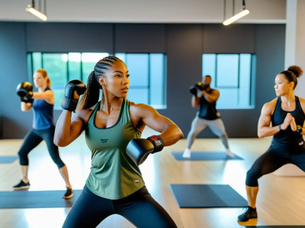 Entrenadores personales online de artes marciales lideran una sesión de entrenamiento de alta energía en un moderno estudio de gimnasio, con participantes en perfecta sincronización