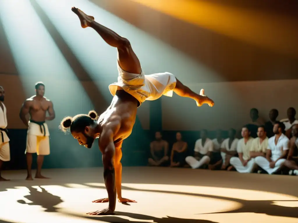 Entrenamiento acrobático en Capoeira: Practicantes ejecutan movimientos fluidos y dinámicos en un círculo, bañados en cálido sol dorado