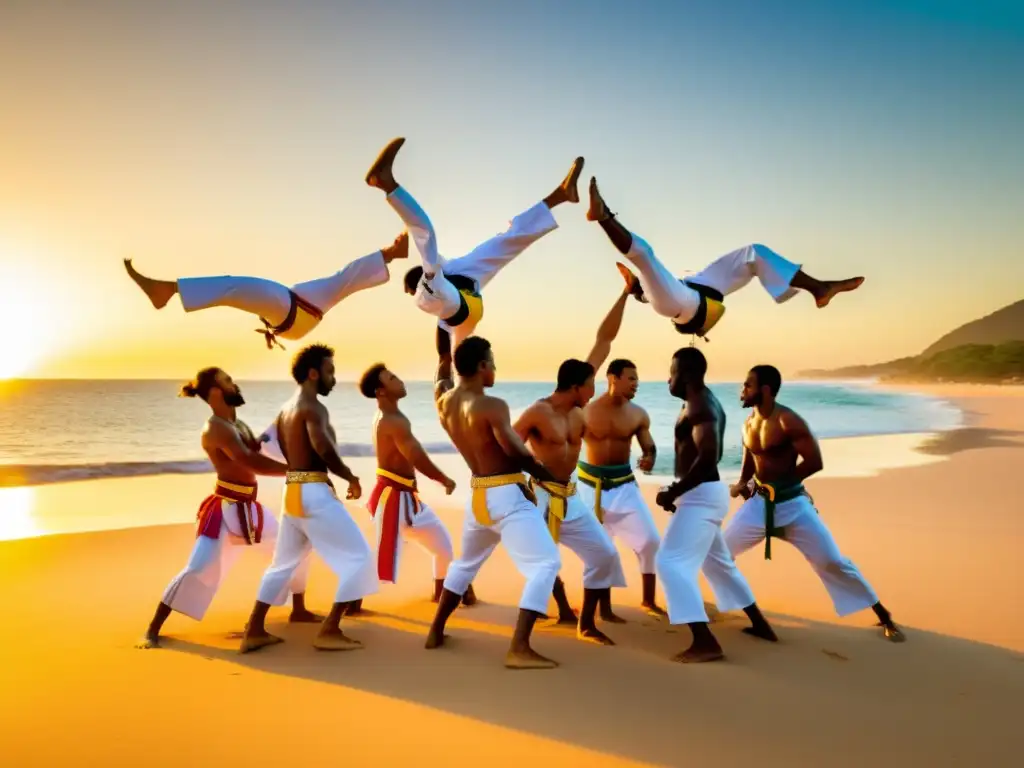 Entrenamiento acrobático en Capoeira: Practicantes ejecutan 'au sem mão' al atardecer en la playa, mostrando fuerza y destreza