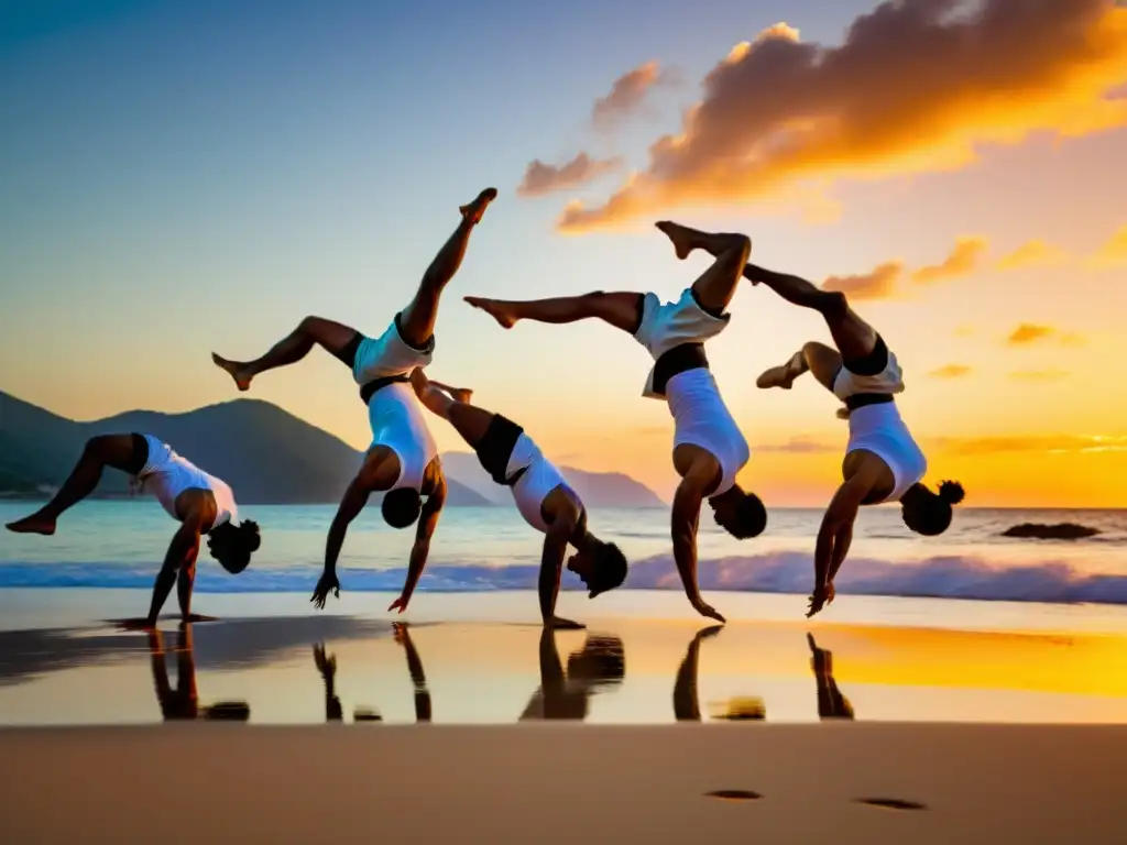 Entrenamiento acrobático en Capoeira: Practicantes realizan impresionantes acrobacias en una playa al atardecer, con el mar y el cielo de fondo