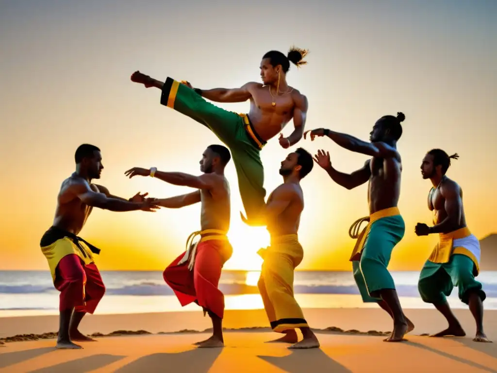 Entrenamiento acrobático en Capoeira: Practicantes realizan acrobacias en la playa al atardecer, destacando la fuerza y gracia en sus movimientos