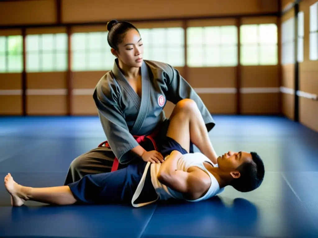 Entrenamiento adaptado en artes marciales tras lesión: instructor y estudiante mostrando determinación y apoyo en un dojo sereno