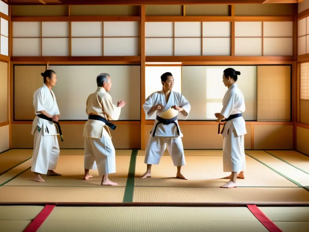 Entrenamiento de Aikido en dojo tradicional japonés con suave luz filtrada por las pantallas de papel