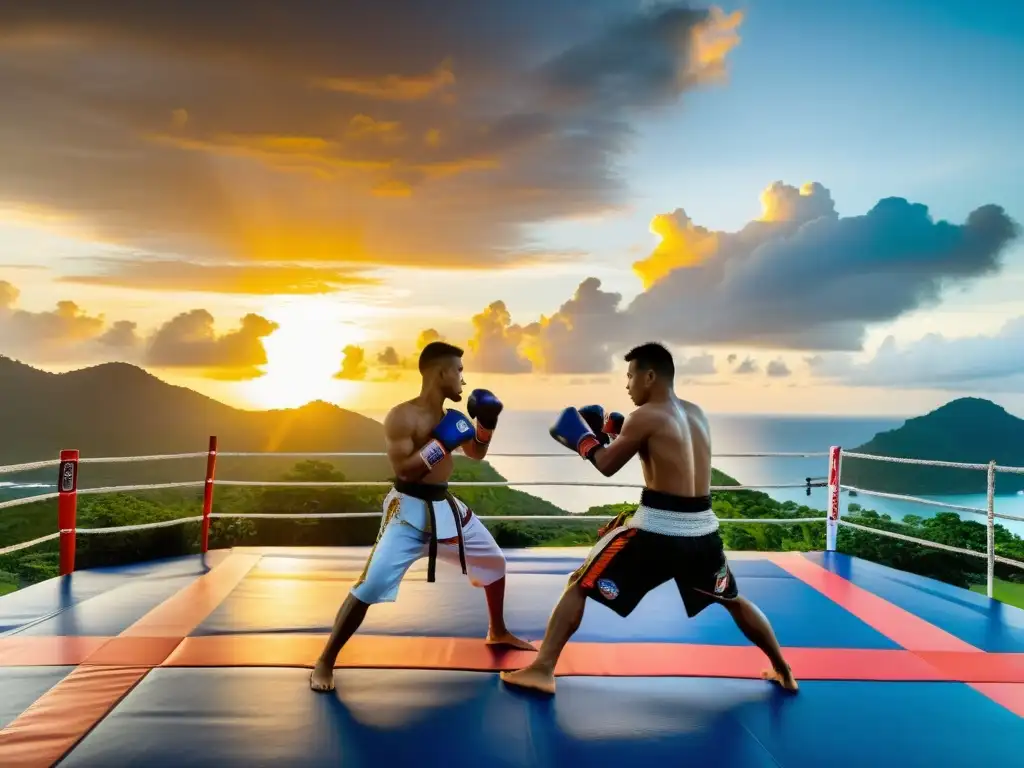 Entrenamiento de artes marciales al atardecer en Phuket Top Team, uno de los mejores campamentos de entrenamiento de artes marciales en Asia