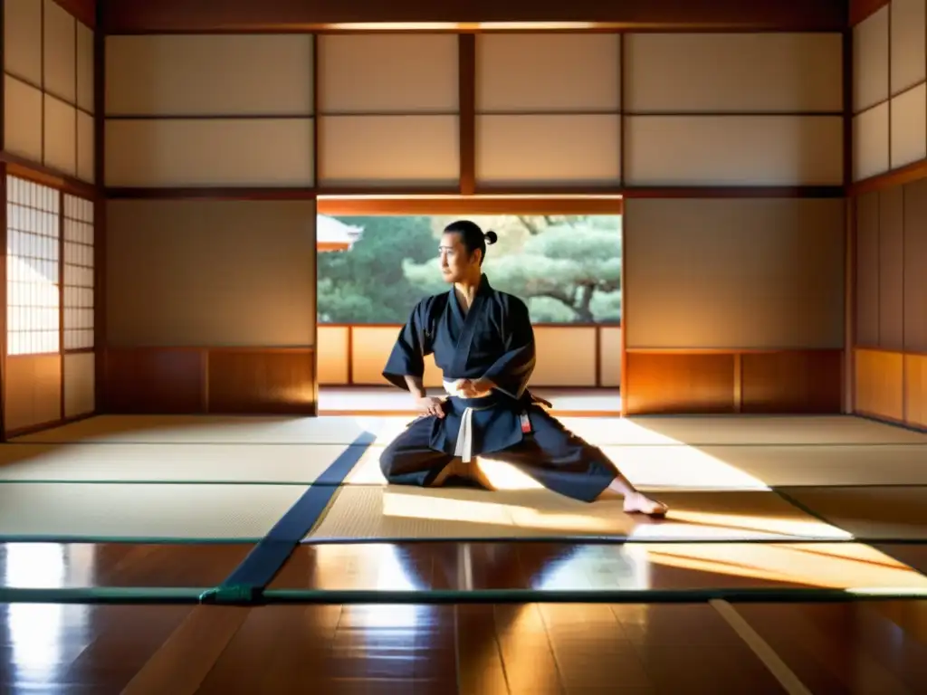 Entrenamiento de artes marciales en un dojo sereno con luz natural y practicantes de Aikido