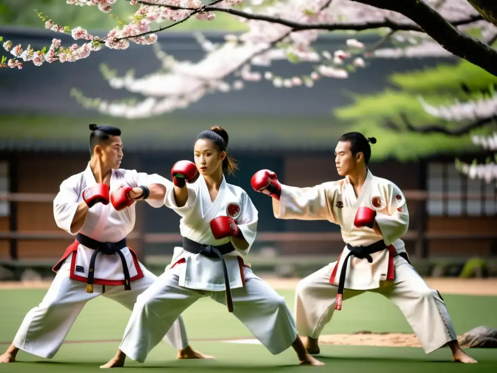 Entrenamiento de artes marciales en un dojo sereno y exuberante, destacando los mejores escudos de golpeo para entrenamiento