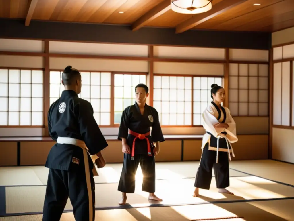 Entrenamiento de artes marciales en dojo tradicional con una atmósfera de disciplina y calma, demostrando técnicas precisas