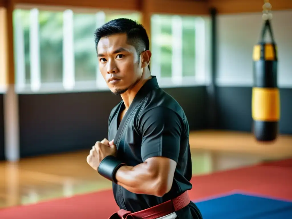 Entrenamiento de artes marciales filipino con wearables en un gimnasio, fusionando tradición y tecnología