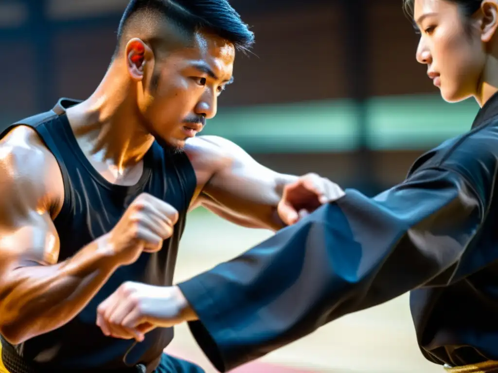 Sesión de entrenamiento de artes marciales con instructor y estudiante enfocados