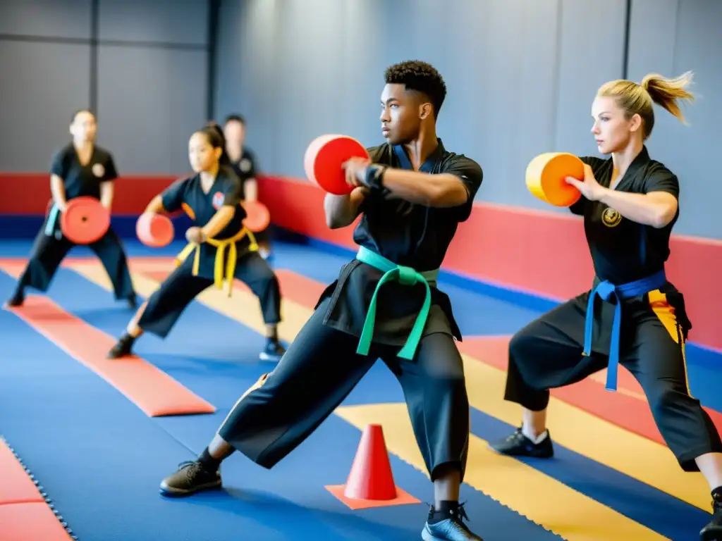 Entrenamiento de artes marciales con los mejores discos y conos, destacando la agilidad, fuerza y determinación de los practicantes