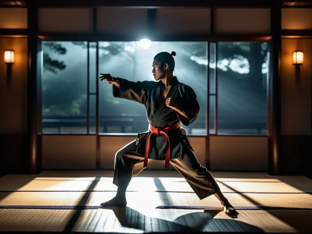 Entrenamiento de artes marciales en visión nocturna: artista marcial en postura profunda, concentrado en la oscuridad iluminada por la luna