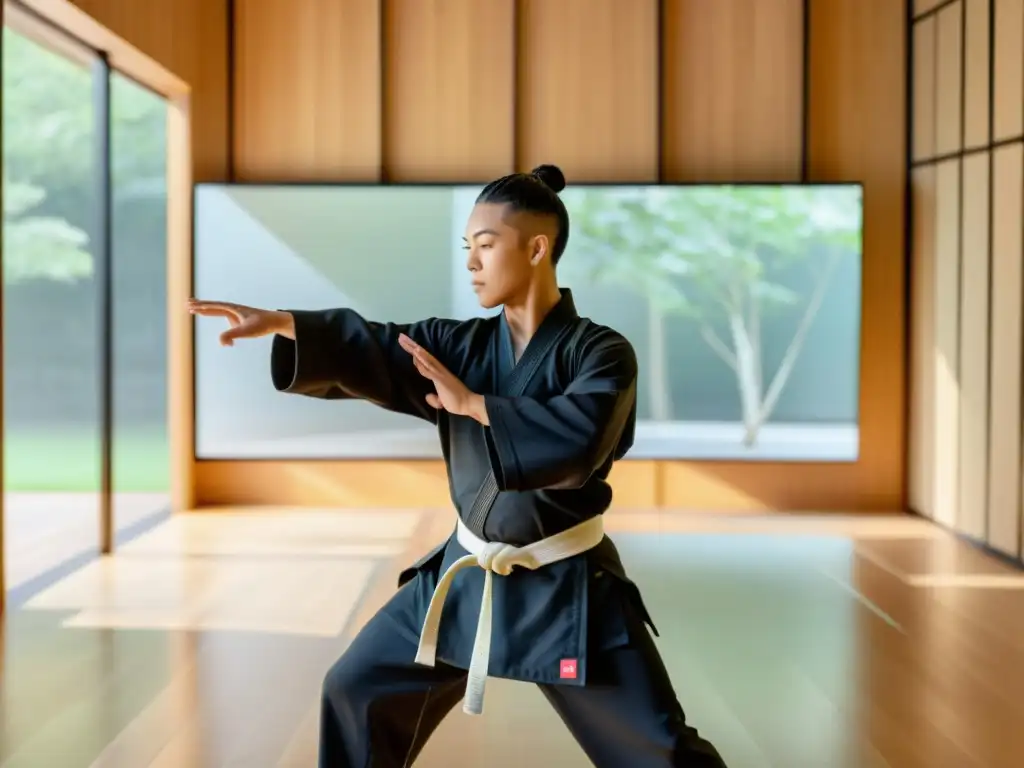 Entrenamiento de artes marciales online en estudio minimalista, transmitiendo calma y enfoque