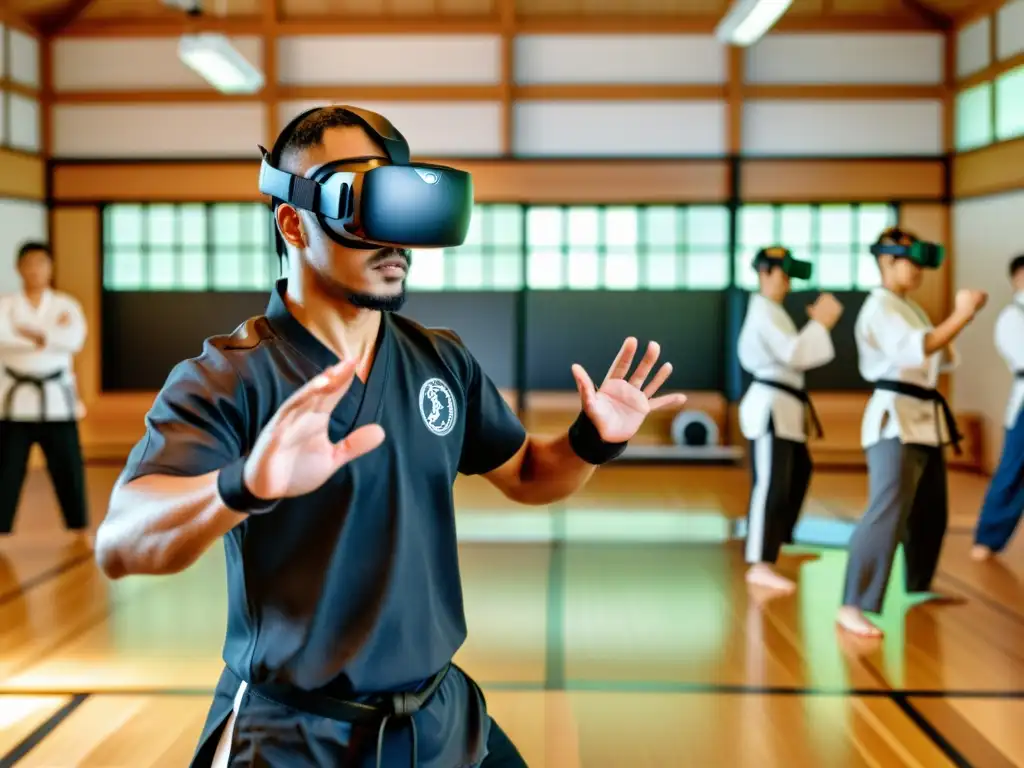 Entrenamiento en artes marciales con realidad virtual: Instructor y estudiantes en el dojo, fusionando tradición y tecnología