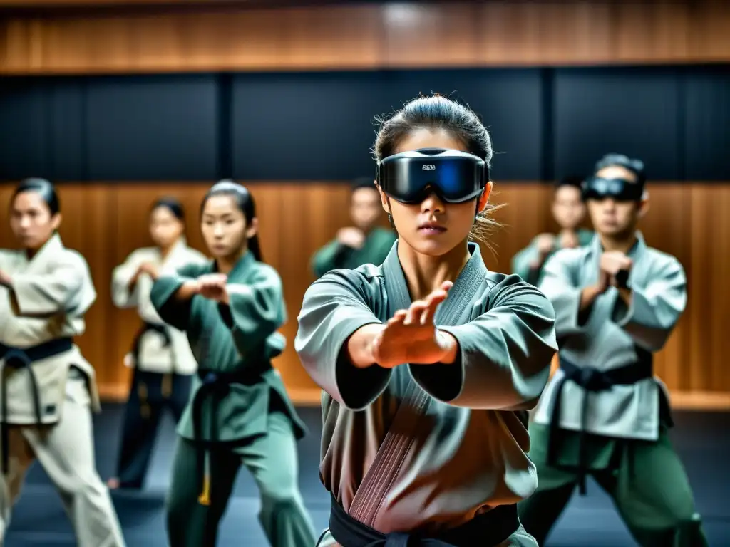 Entrenamiento de artes marciales con visión nocturna en dojo oscuro, instructor y alumnos enfocados en movimientos precisos y fluidos