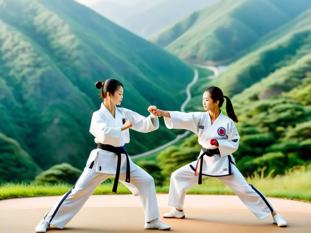 Entrenamiento auténtico de Taekwondo en las montañas de Corea del Sur, capturando la disciplina de los atletas en un escenario inspirador