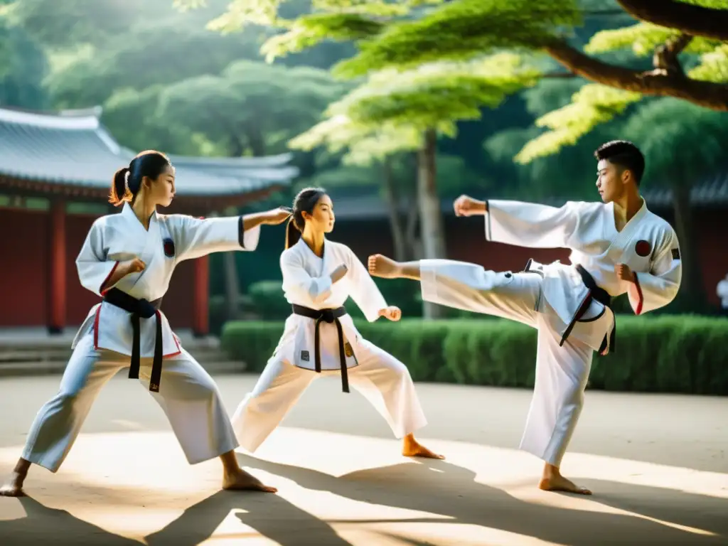 Entrenamiento auténtico de Taekwondo en Corea: Practicantes dedicados perfeccionando sus habilidades en un antiguo patio rodeado de exuberante vegetación, bajo la guía de un maestro venerado