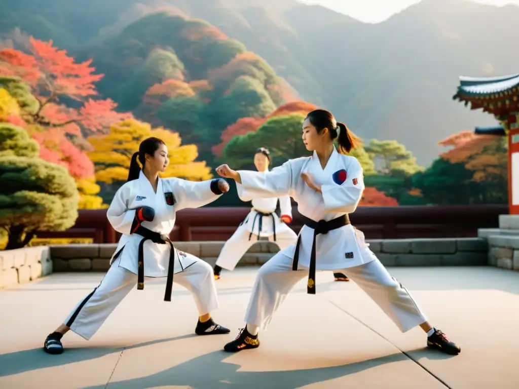 Entrenamiento auténtico Taekwondo Corea: Practicantes de taekwondo se entrenan al pie de una montaña cubierta de neblina al amanecer, con expresiones enfocadas y determinación palpable en su ambiente