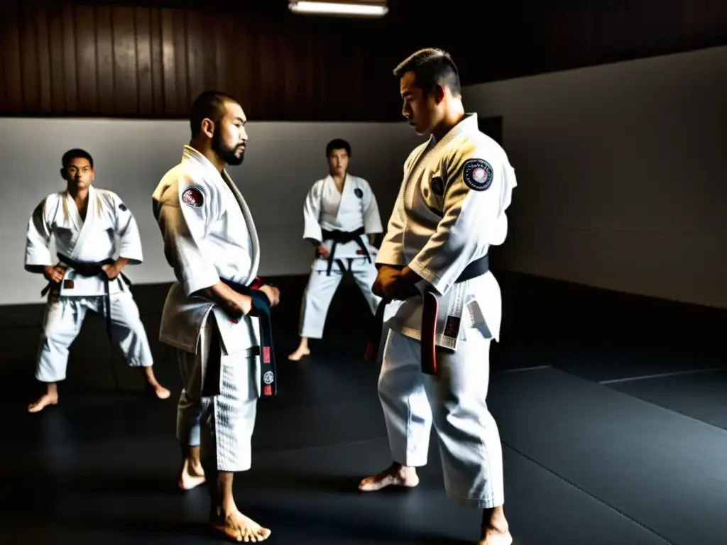 Entrenamiento autodefensa jiu-jitsu tradicional: Práctica de jiu-jitsu en un dojo iluminado, con estudiantes concentrados y el sensei supervisando