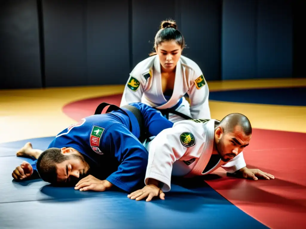 Entrenamiento avanzado de competidores de Jiu Jitsu Brasileño en intensa práctica de equipo