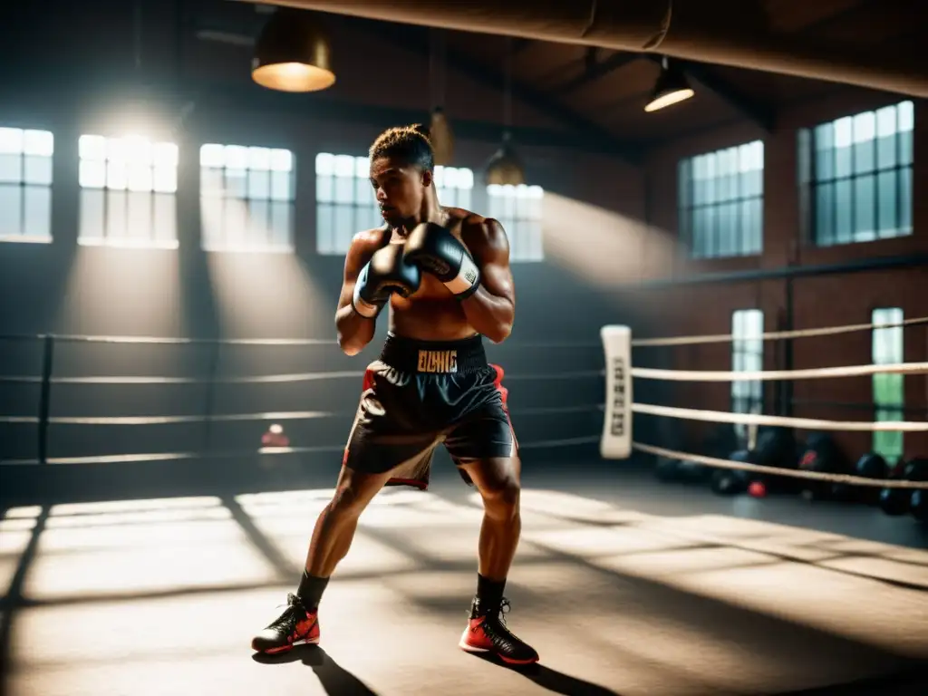 Entrenamiento de boxeo técnica: Un entrenador de boxeo profesional enseña técnicas de pies a atletas dedicados en un gimnasio de boxeo auténtico y oscuro, transmitiendo intensidad y determinación