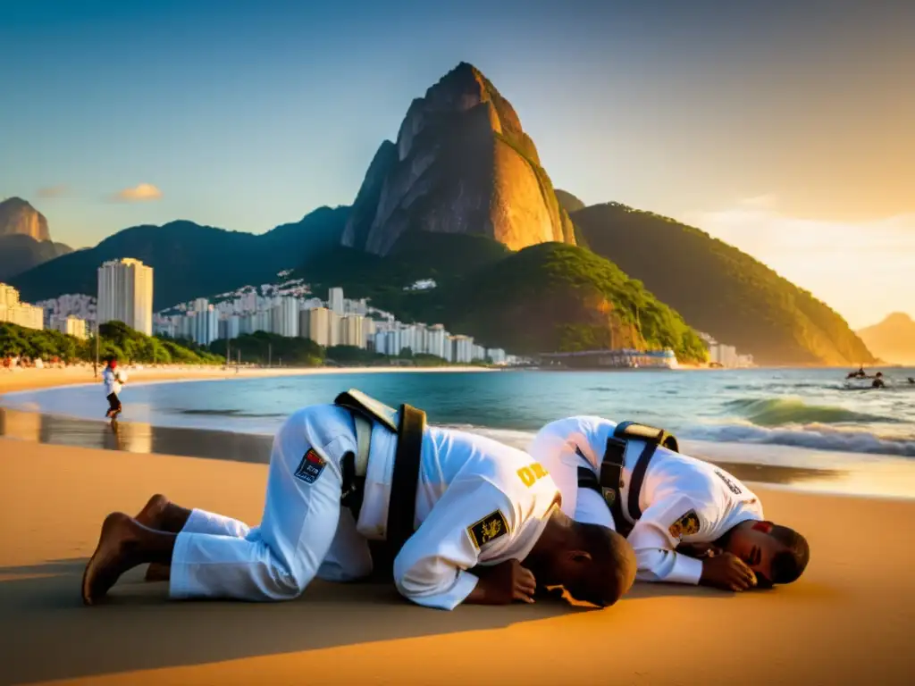 Entrenamiento de JiuJitsu Brasileño al atardecer en la playa de Río, con el Pan de Azúcar de fondo