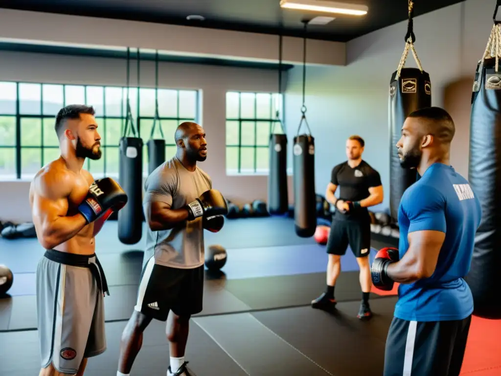 Entrenamiento en campamentos de MMA internacionales: Coaches y atletas diversos practican técnicas con intensidad en un gimnasio de vanguardia