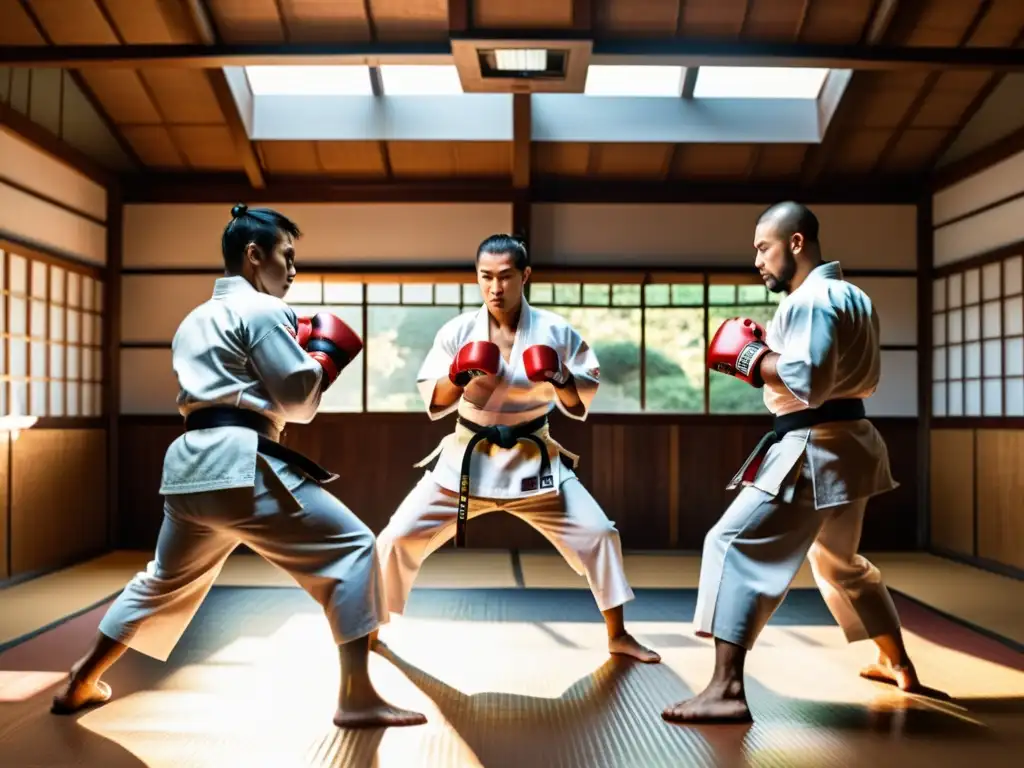 Entrenamiento en campamentos de MMA internacionales: Luchadores y sensei en dojo tradicional japonés, practicando técnicas con determinación