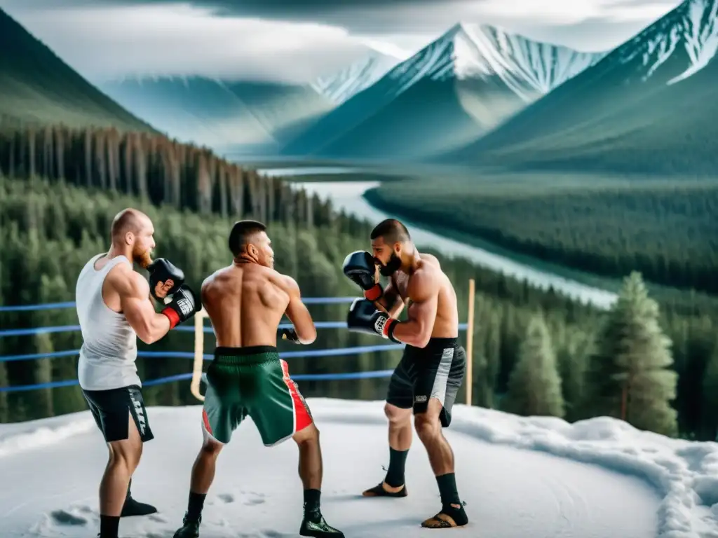 Entrenamiento en campamentos de MMA internacionales: luchadores en intensa sesión de sparring en paisaje ruso de montañas y bosques