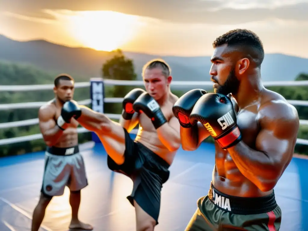 Entrenamiento en campamentos de MMA internacionales: luchadores de diferentes países entrenan juntos al aire libre, con determinación y unidad, bajo el cálido resplandor del sol poniente