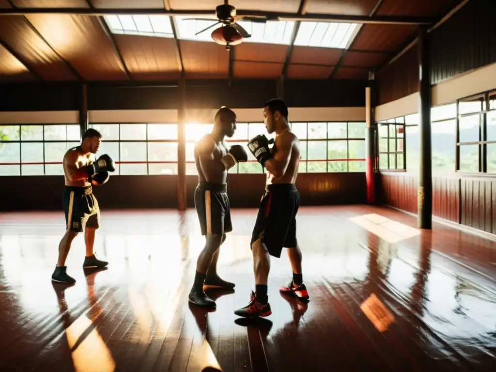 Entrenamiento en campamentos de MMA internacionales: luchadores sudorosos en un gimnasio tailandés, recibiendo instrucciones del entrenador mientras se preparan para la batalla