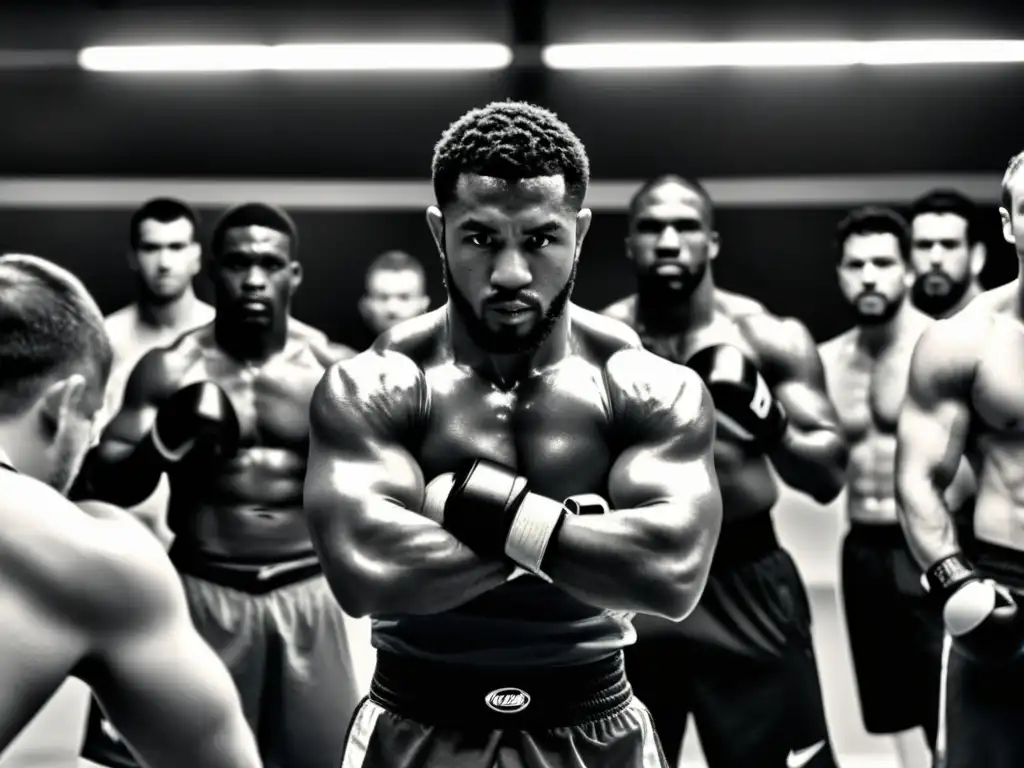 Entrenamiento de campeones artes marciales mixtas: Entrenador y luchadores intensos en un gimnasio lleno de determinación y dedicación