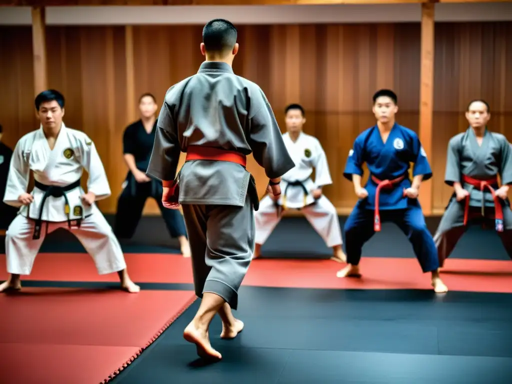 Entrenamiento en circuito para artes marciales en un dojo tradicional con instructor y estudiantes entregados