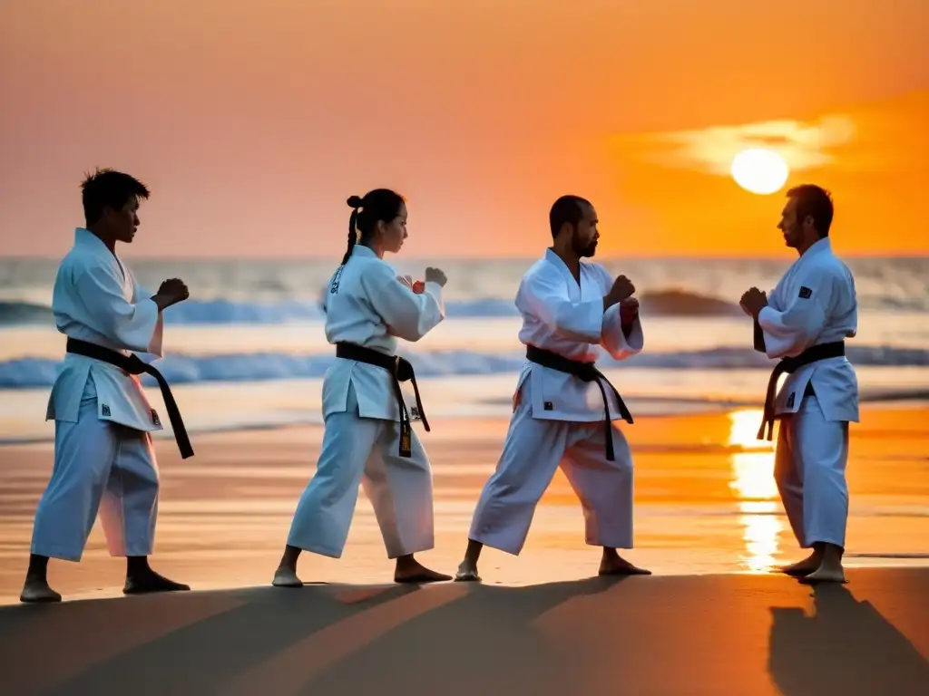 Entrenamiento cruzado para karatekas competitivos practicando katas al amanecer en la playa, con el sensei observando de cerca