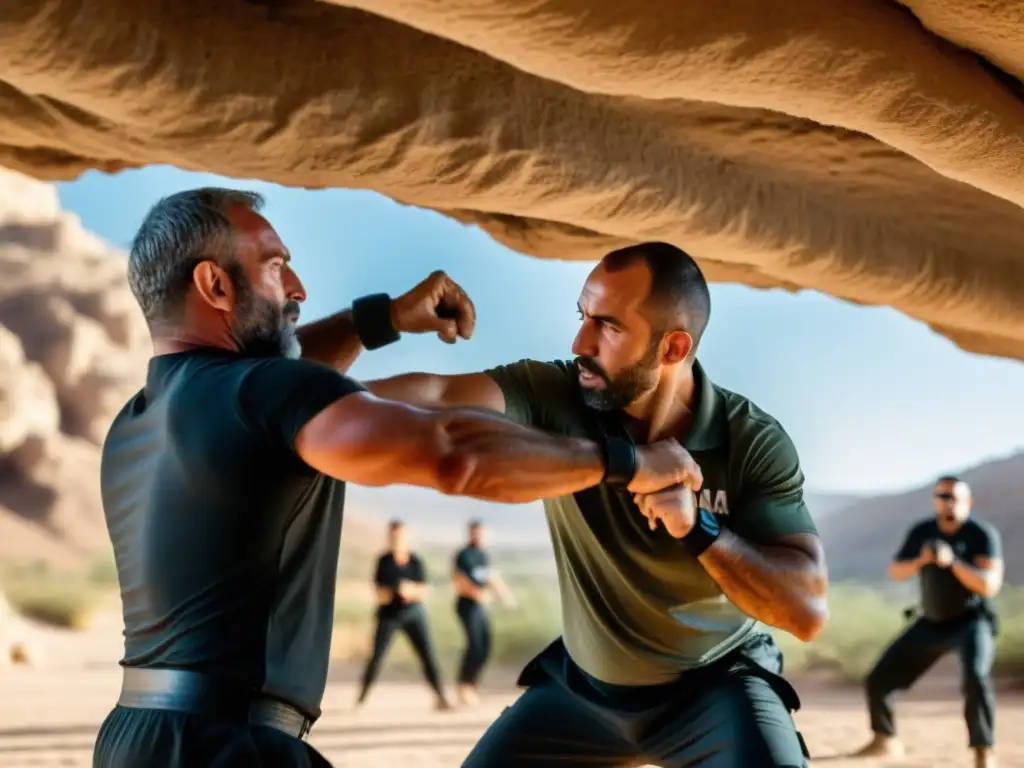 Entrenamiento de defensa personal en Israel: instructor de Krav Maga guía a participantes en el desierto, mostrando intensidad y determinación