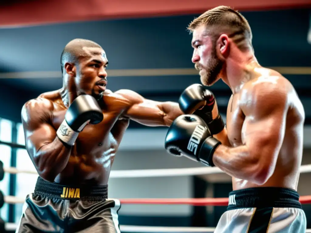 Entrenamiento diario de artes marciales: dos atletas intensos practican técnicas en un gimnasio auténtico, con expresiones enfocadas y sudor en la piel