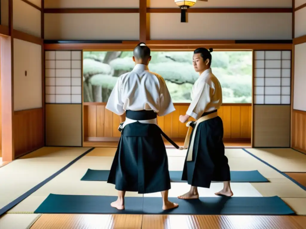 Entrenamiento dinámico de Aikido en dojo japonés con hakama adecuado para Aikido