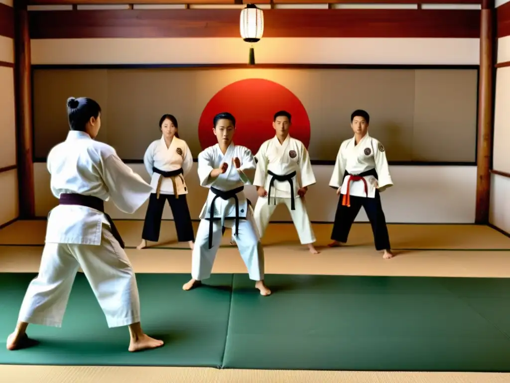 Entrenamiento dinámico en un dojo de artes marciales, con sensei y estudiantes demostrando disciplina y enfoque