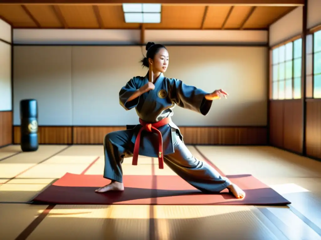 Entrenamiento en dojo de artes marciales con superficies variadas para prevenir lesiones