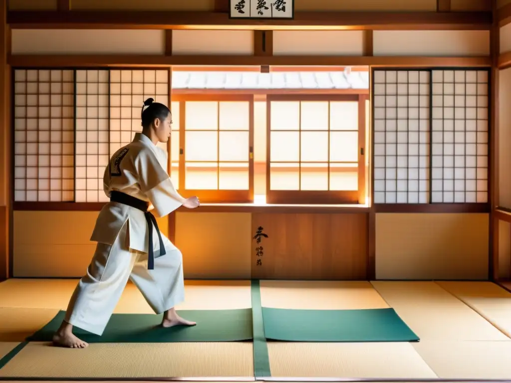 Entrenamiento en un dojo japonés con sensei y estudiantes practicando artes marciales