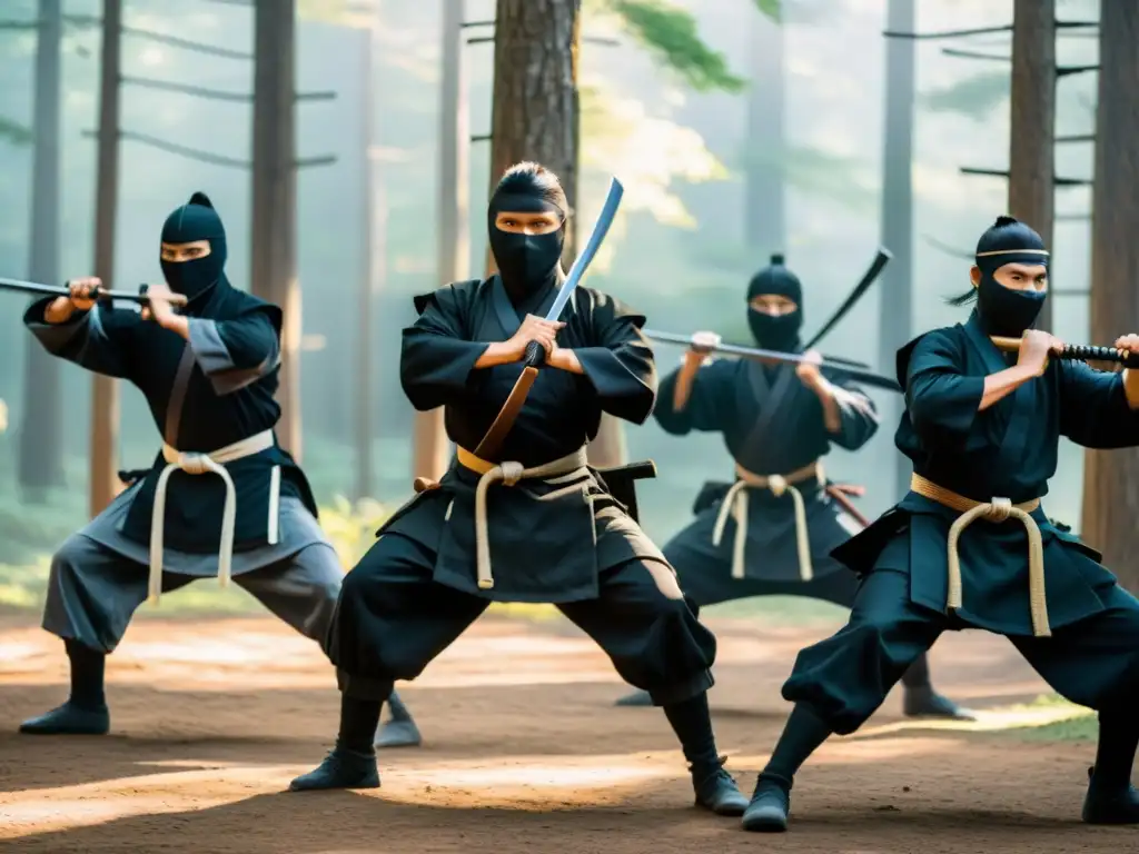 Entrenamiento de Élite en Clínicas de Ninjutsu: ninjas practican técnicas ancestrales en un bosque neblinoso al amanecer