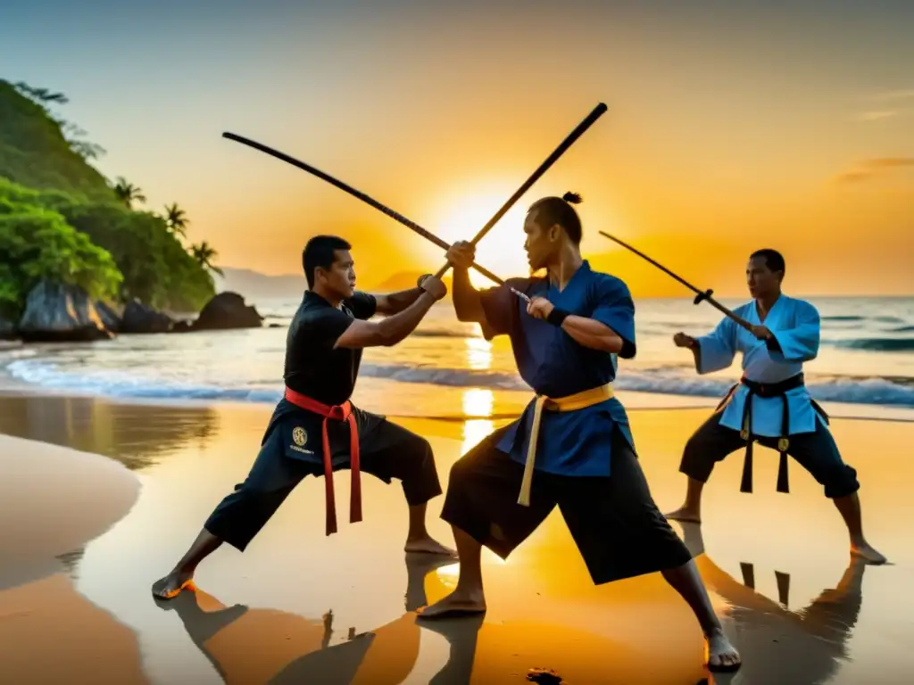 Entrenamiento de Eskrima al atardecer en una playa de Filipinas